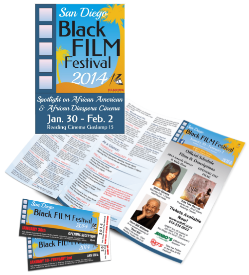 Collage of graphic design of the San Diego Black Film Festival, 2014 event